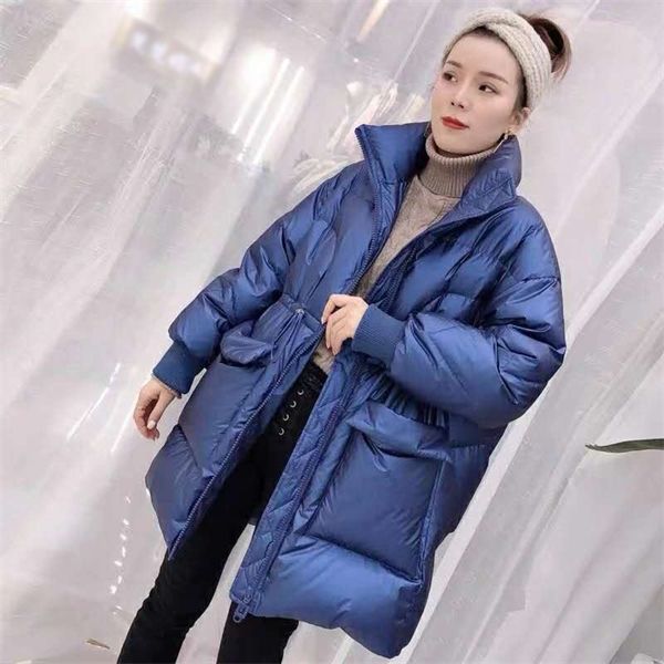 

oversized shiny metal thick women down coat stand collar solid drawstring female coats 2020 winter warm ladies loose clothes c1204, Black