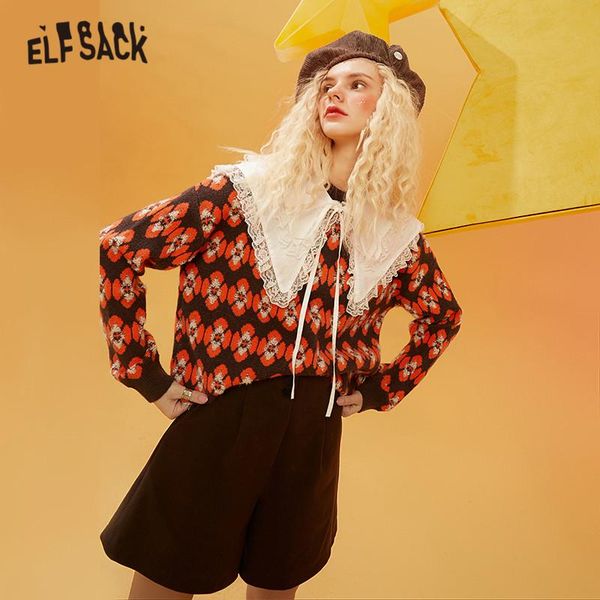 

elfsack floral jacquard casual knit pullover women sweaters,2021 winter elf vintage full sleeve,korean ladies daily soft top, White;black