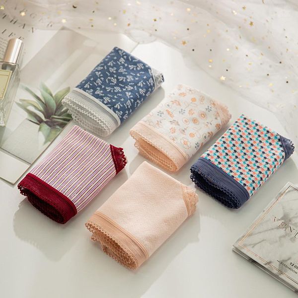 

cotton women underwear print thin mid waist briefs girls cute panties lace underpants1, Black;pink