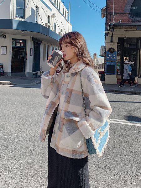 

women's plaid jacket short loose in autumn winter leisure thickening modern tracksuit outwear lady 2020 korean style gg50yf1, Black;brown