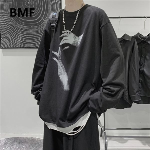 Футболка осенью с длинным рукавом мода свободные Ulzzang Print Tops Hip Hop негабаритные футболки мужская одежда корейский стиль 220309