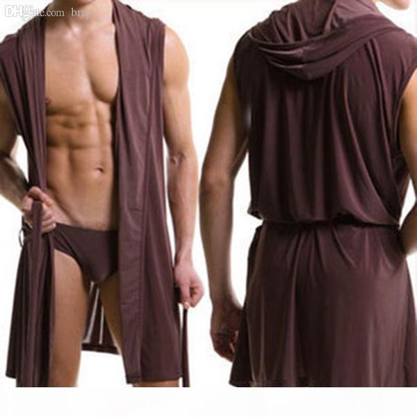 

wholesale-men's underwear leisure sleep lounge robe hooded soft gown pajamas bathrobe with a hood, Black;brown