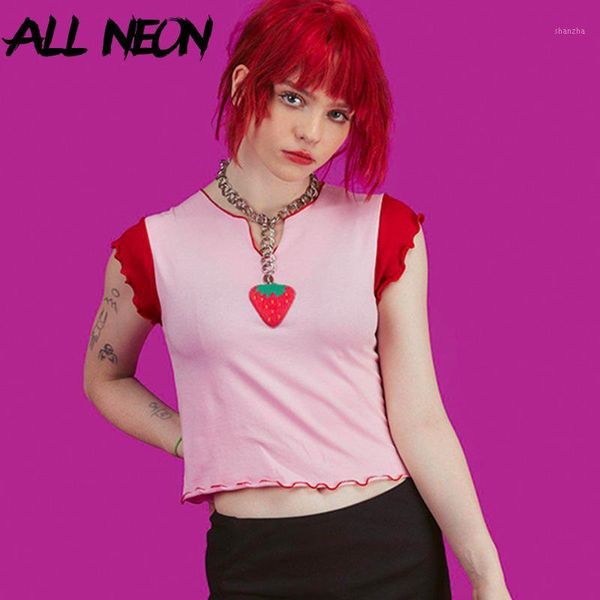 

allneon vintage v-neck ruffle hem t-shirts patchwork strawberry print front butterfly sleeve pink crop sweet e-girl's tees1, White
