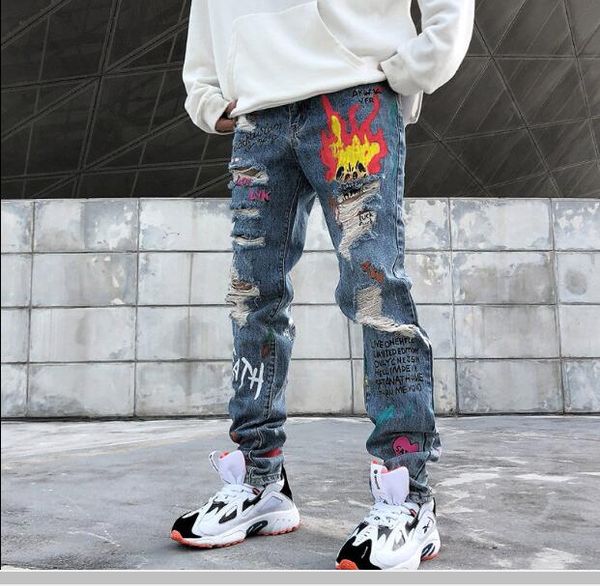 

cool hole funny graffiti hole jeans mens 2020 harajuku hip hop trousers casual joggers male harem cargo pants streetwear, Black