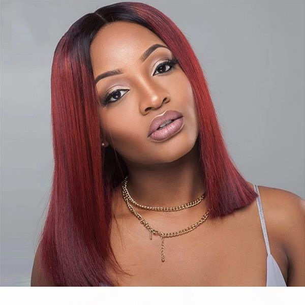 

13x4 glueless straight burgundy lace front wigs 1b 99j bob wigs ombre wine red short bob human hair wigs mongolian pre plucked, Black;brown
