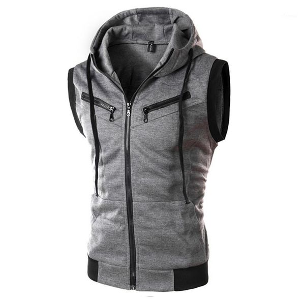 

new men bodybuilding hooded tank summer casual fashion workout sleeveless zipper sweatshirt vest male gyms fitness clothing1, White;black