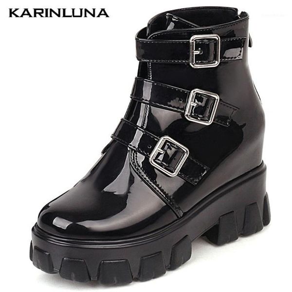 

boots karin fashion big size 39 woman shoes increased internal buckle straps patent round toe flat platform ankle boots1, Black