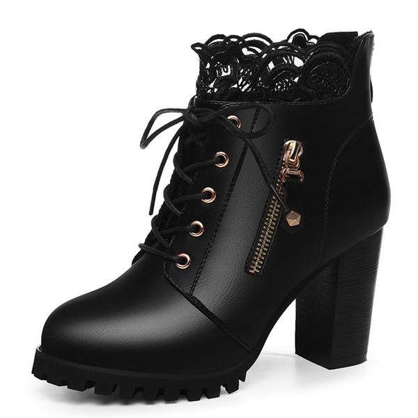 

trendy fashion design shiny real leather lace cozy zipper walking ankle boots women high heel size 35-39 y200723, Black