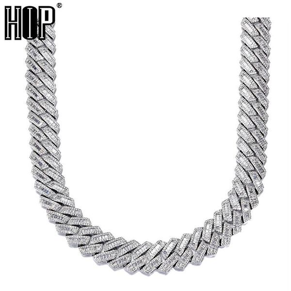 

chains hip hop 21mm 3 row baguette prong cuban bling iced out cz setting + cubic zirconia box buckle necklace for men jewelry, Silver
