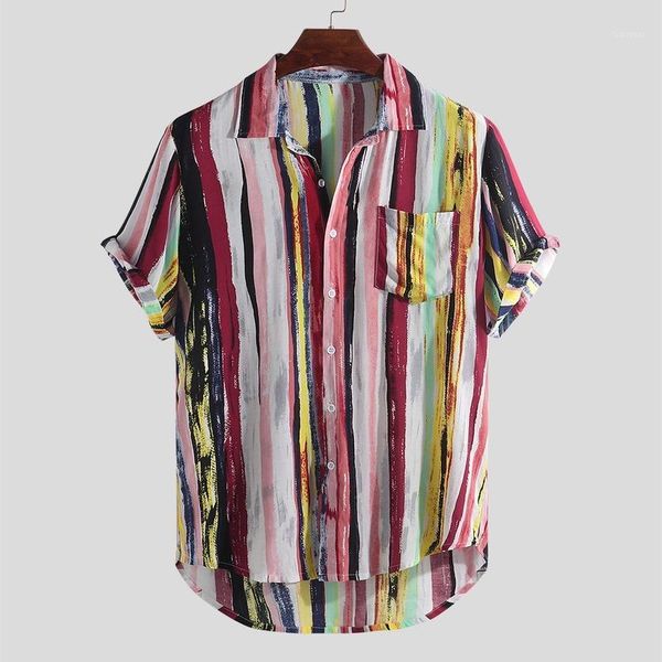 

shirt men hawaiian summer beach men stitching color striped short sleeve shirt button down casual fashion print1, White;black