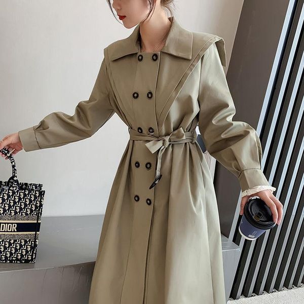 

casual trench coat long windbreaker women korean double- breasted coat with belt solid long sleeve outerwear, Tan;black