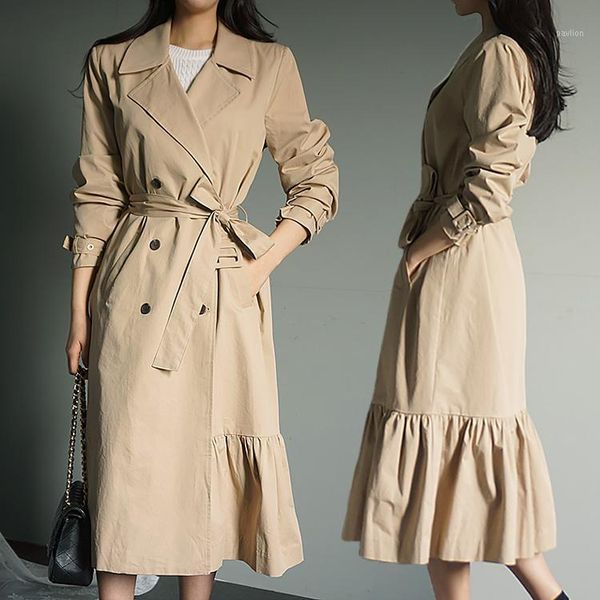 

women trench coat long sleeve elegant double breasted oversized belted ladies outerwear ruffles female windbreaker vs3231, Tan;black