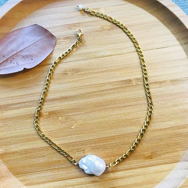 

fashion stainless steel chain necklace baroque pearl pendant jewelry for women exquisite punk clothes accessories 0927, Silver