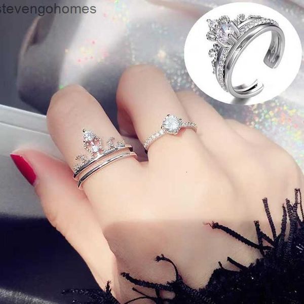 

crown, tiktok double crown with female diamond set opening can y adjust the simple temperament ring ring, Silver