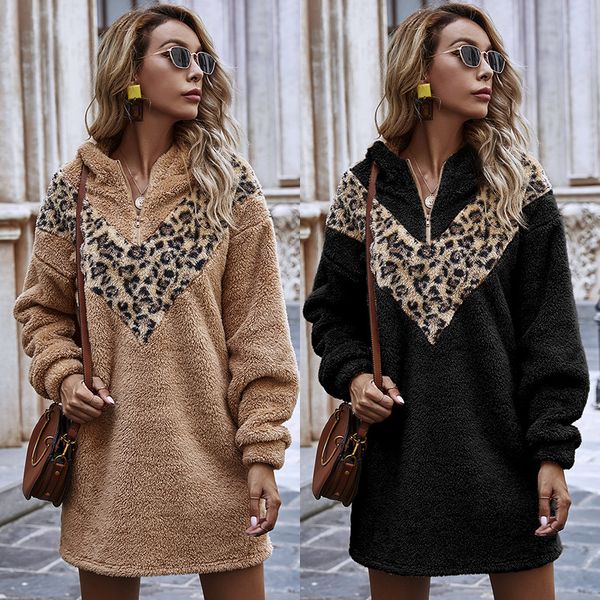 

2020 european and american women's solid color plush hooded autumn and winter dress women, Black;gray