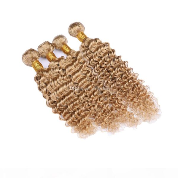 

honey blonde color virgin human hair weaves extensions 10-30 inch 400g double wefted colored deep wave wavy human hair wefts, Black