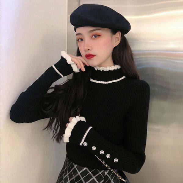 

рубашка нижней рубашки женская осень и зимняя одежда новый полусовестный воротник черный свитер зарубежный стиль джокер свитер top tide, White