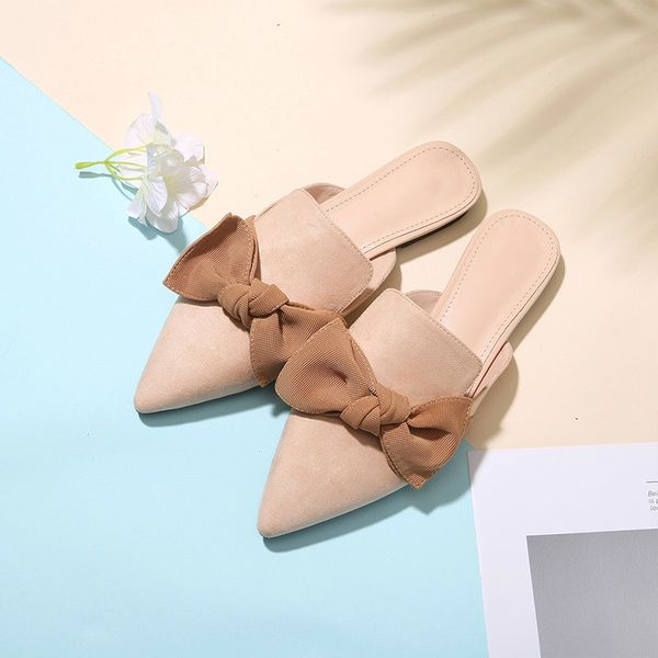 

2021 new pointed down in low heels bow mule fairy wear closed-toed shoes lazy lady sliders slippers z96s, Black