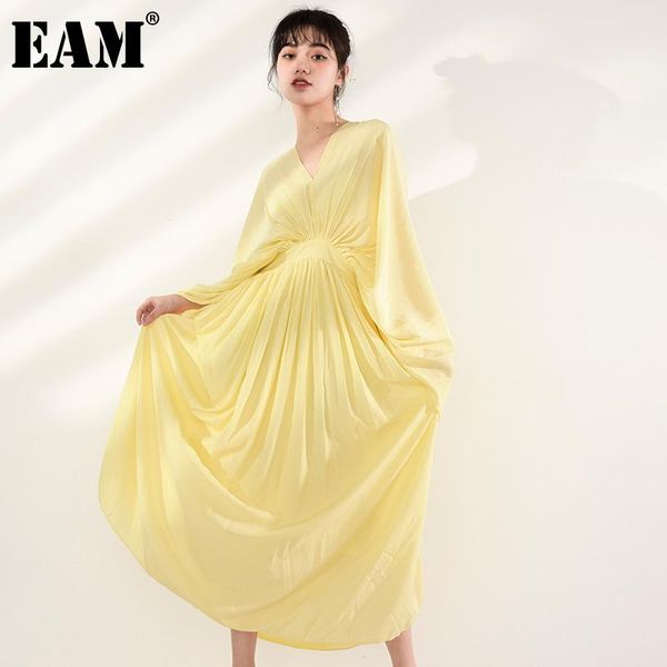 

casual dresses [eam] women yellow pleated long elegant dress v-neck three-quarter sleeve loose fit fashion tide spring summer 2021 1w84207, Black;gray