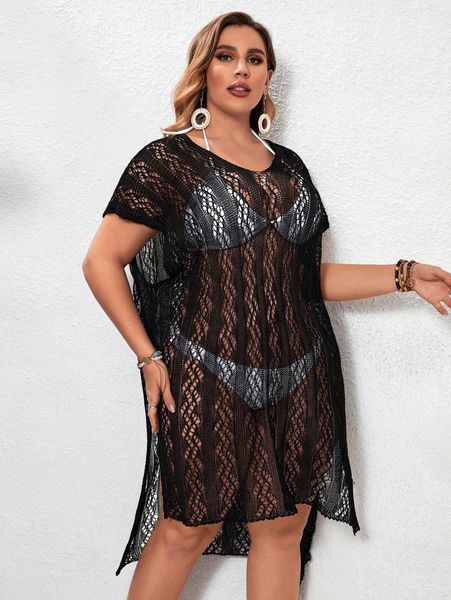 

plus hollow out knitted cover up d9jd#, Black