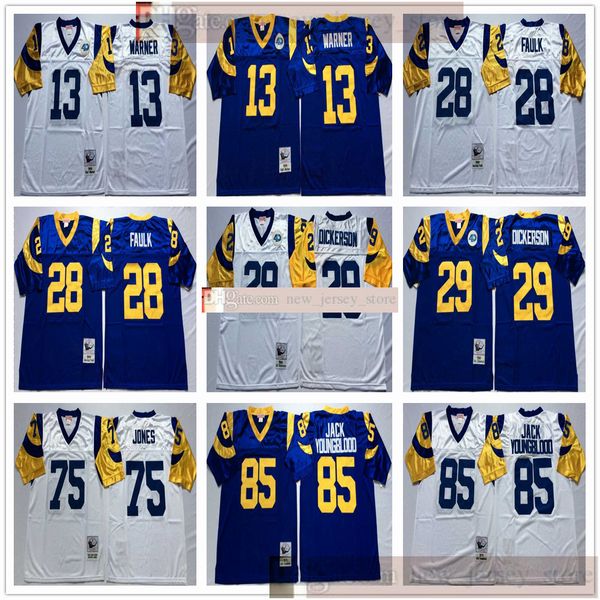 

vintage retro ramfootball jersey mens 13warner 28faulk 29dickerson 75jones 85youngblood white blue stitched jerseys, Black;yellow