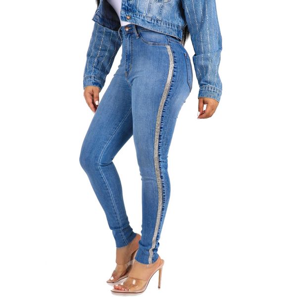 

fashionable elastic high waisted gilt trim leggings, Blue
