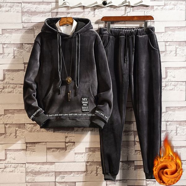 

2021 new gold veet men's tracksuits winter thick mens hooded men two track suit hoodie 2 piece set 1tl9, Black