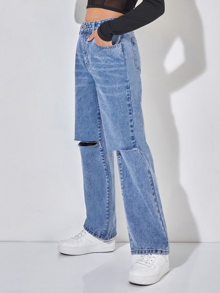 

petite high waist ripped straight leg jeans l8s7#, Blue