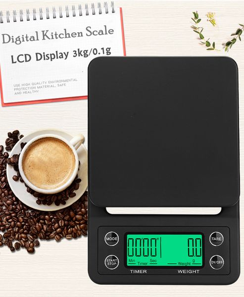 3 кг / 0,1 г Мини цифровой кухонный шкалы пищевой кофе весы весы таймер с задней зажженной ЖК-дисплеем для выпечки готовых инструментов Y200328