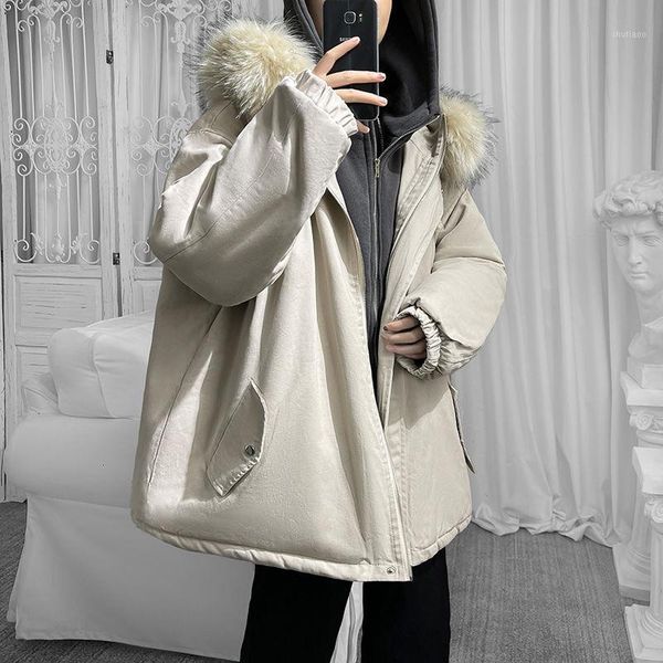 

winter thick fake two-piece jacket men's warm fashion casual fur collar hooded coat parka men korean short coat mens clothes1, Black