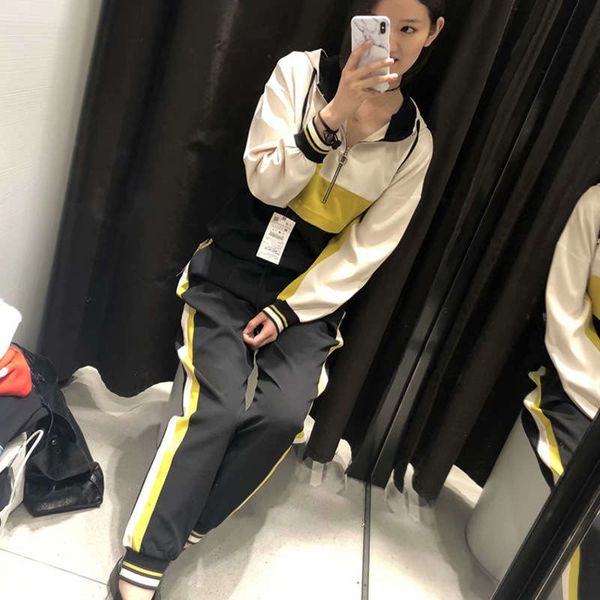 

spring 2019 new women's sportswear color matching zipper long sleeve casual sweater set, Gray