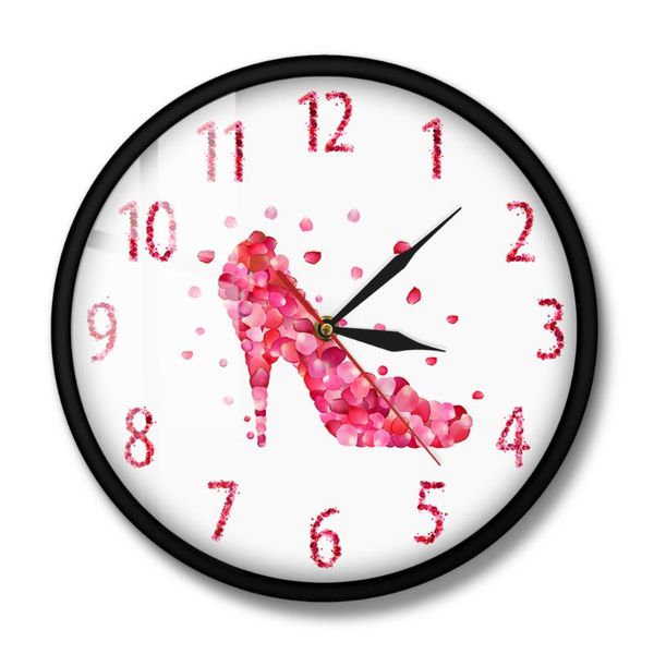 

wall clocks pink fashion art woman bedroom rose petal style high heels shoe silent clock girly home decor hanging watch