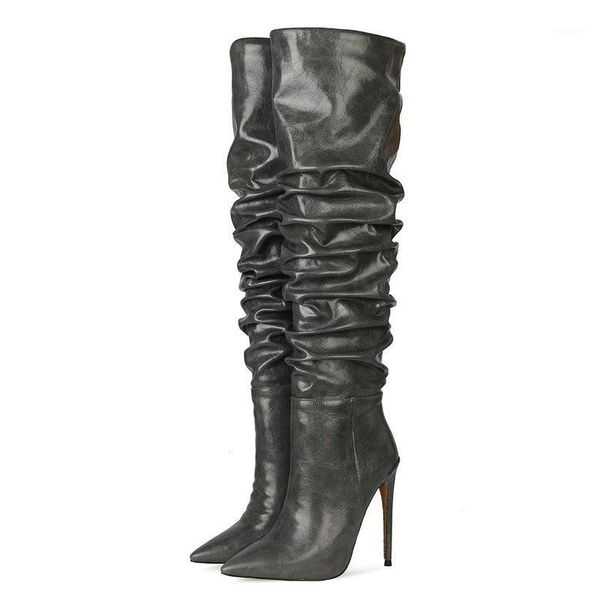 

boots 2021 fashion pleated autumn women slip on thin high heel knee ladies pointed toe faux leather shoes woman1, Black