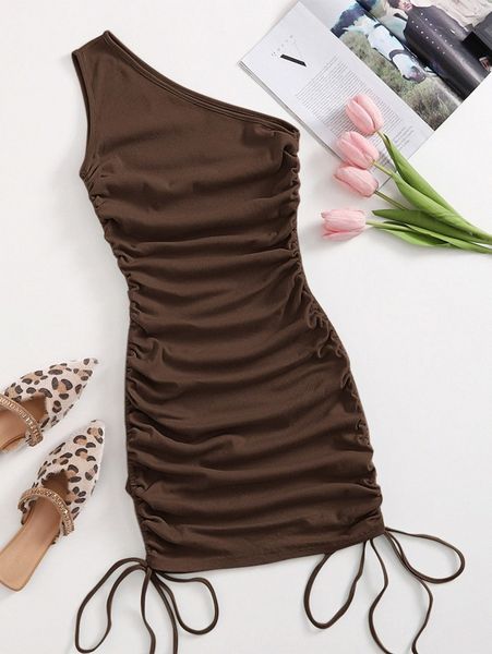 

one shoulder ruched knot side bodycon dress 62kx#, Black;gray