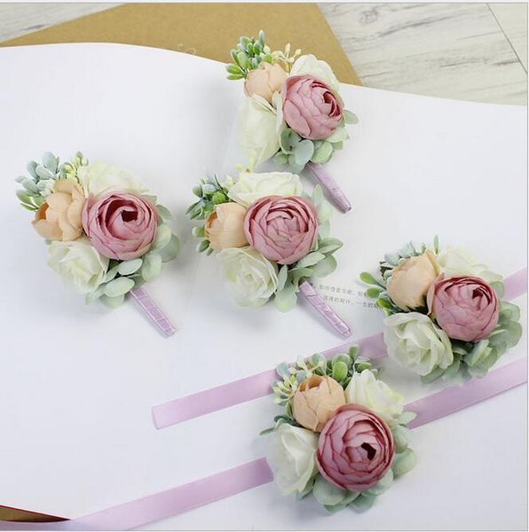 

decorative flowers & wreaths 10pcs diy pink2 corsage flower bride groom bridesmaids brooch hand wrist wedding pography props