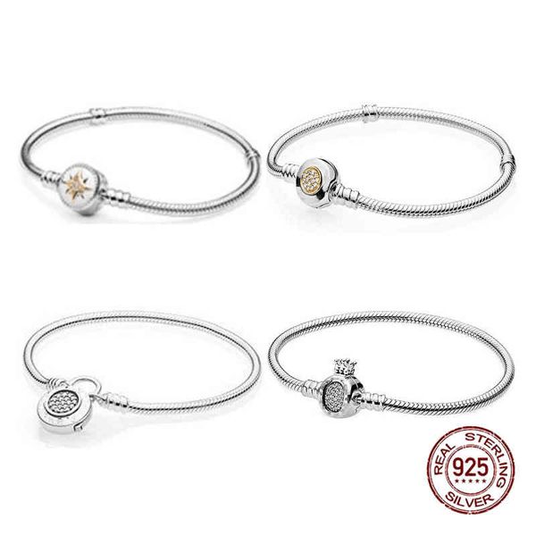 

s925 sterling silver fit original pandora charms crown bracelet simple snake bone chain diy accessories, Golden;silver