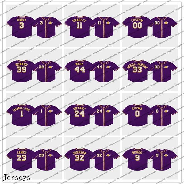 

лос-лейкерс анджелес 3. дэвис 23 джеймс 32 джонсон 0 кузьма 24 брайант фиолетовый энтони леброн кайл первичный логотип бейсбол джерси, Black