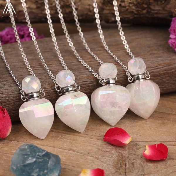 

luxury women heart shape aura white quartz perfume bottle pendant necklace electroplated crystal stone oil bottle gold necklace, Silver