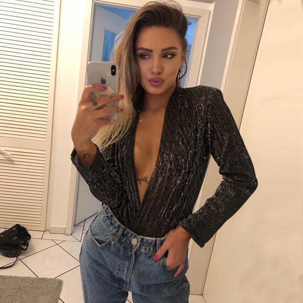 

women deep v neck bodysuits long sleeve lady black club party see through bodysuit rompers jumpsuit cubwear female1, Black;white