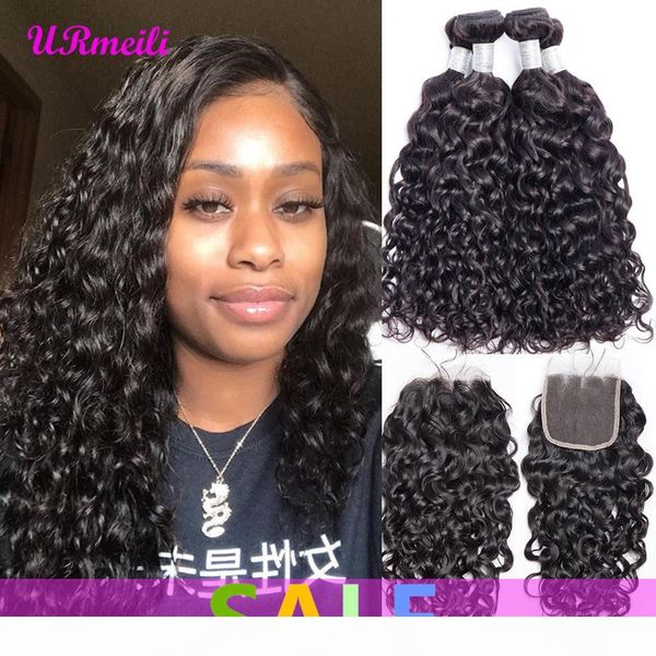 

brazilian water wave bundles with closure brazilian remy human hair bundles with closure 3 4 bundles water wave with closure, Black;brown