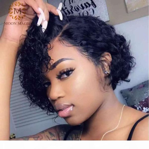 

13x6 curly 4x4 closure short bob front human hair wigs pixie cut lace wig 250 density, Black;brown