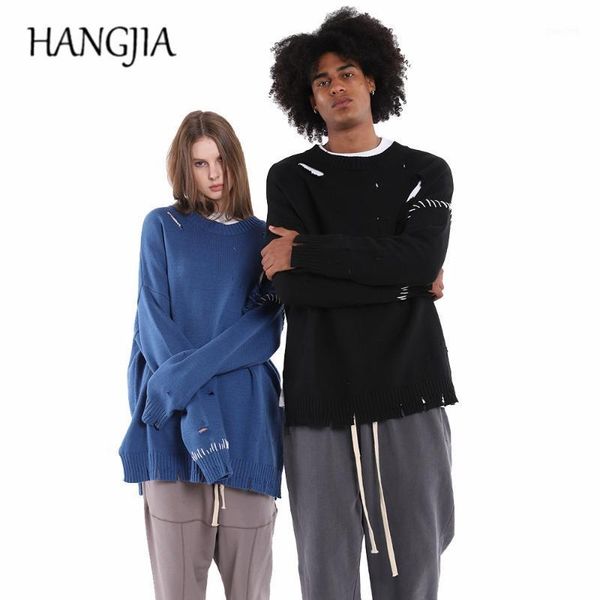 

high street oversized sweater harajuku men women fashion pullover sweater knitting distressed hole hip hop sweaters long sleeve1, White;black