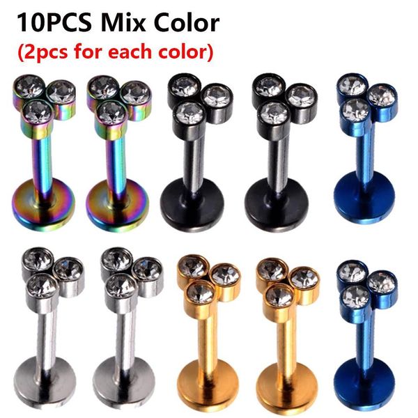 

10pcs surgical steel cz gem ear tragus helix cartilage triangle ear lobe stud zircon flower labret lip ring earrings piercing q sqcosu, Silver