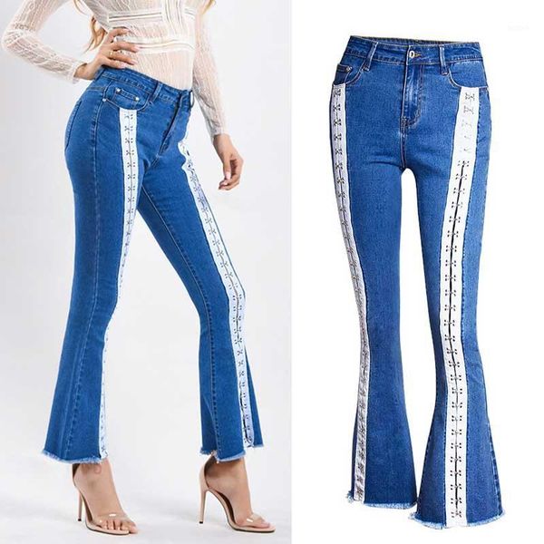 

women fashion 3xl plus size blue flare jeans ladies lace up ribbon snap pants femme push up strap ripped wide denim trouser1