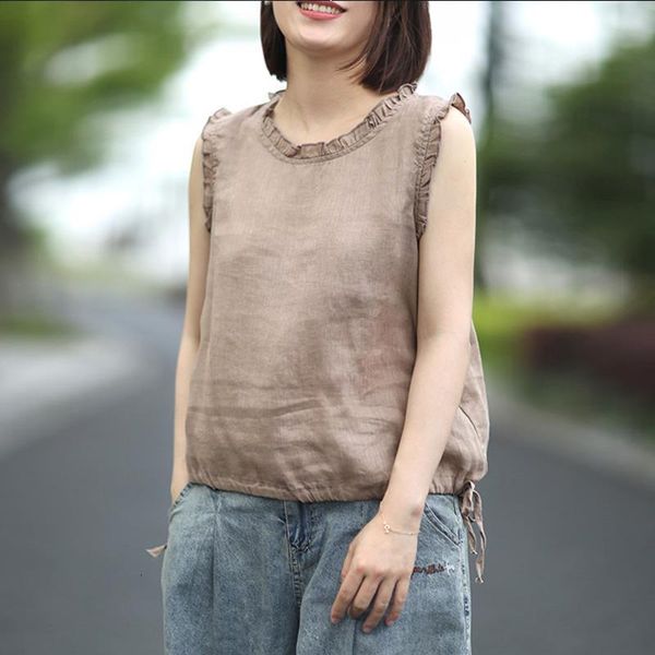 

2021 summer new linen tanks women solid color sleeveless o neck ruffles casual women loose cloths 3 colors tanks, White