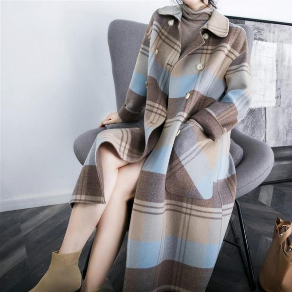 

new high-grade over-the-knee double-breasted large pocket loose coat coat plaid woolen female mid-length, Black