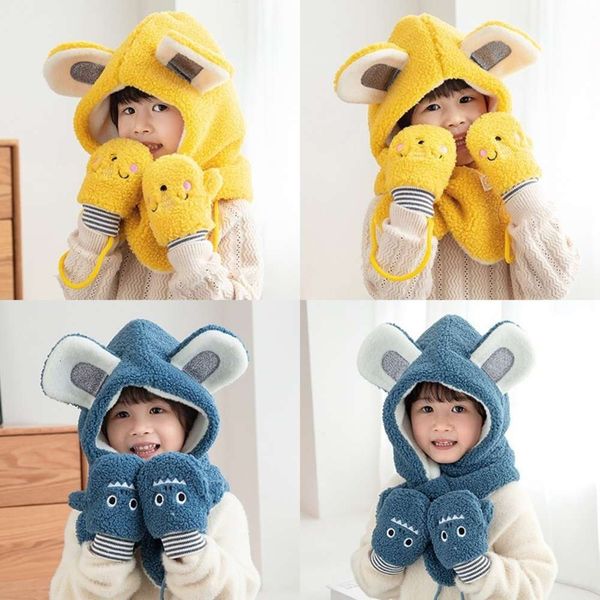 

scarf hand children's winter warm men's and women's wool korean ear protection knitted hat three piece set, Red;brown