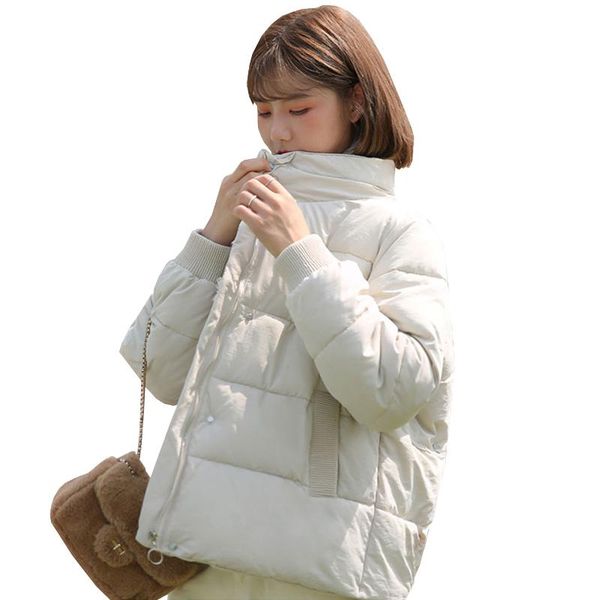 

short women down cotton padded jacket 2021 winter new straight solid long sleeve zipper stand-up collar loose thick female w57, Black