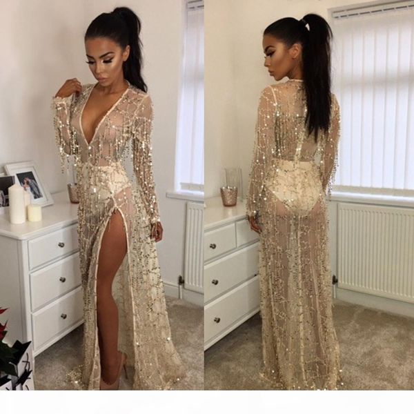 

party dress women runway sequins tassels see through club dress evening maxi f0447 long sleeve deep v neck, Black