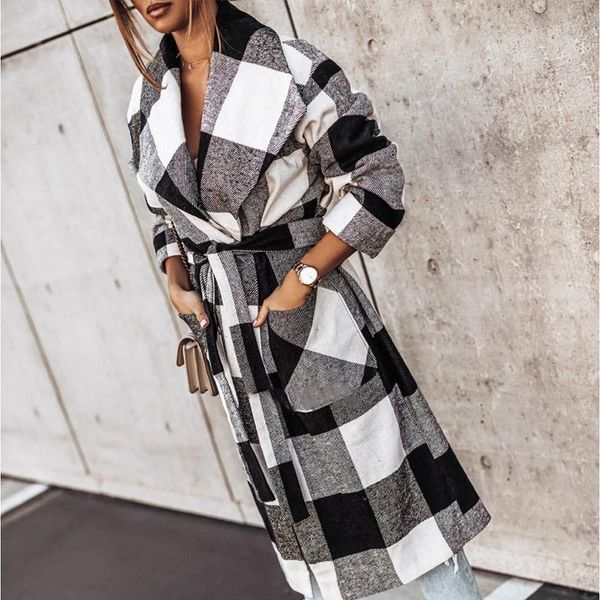 

checkered women's midi-length coat with belt plaid lapel pockets female coats 2021 new spring fashion elegant lady outerwear, Black